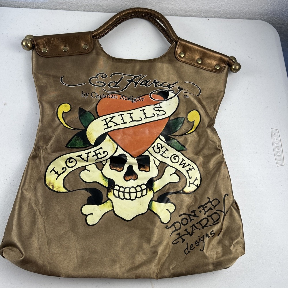 VTG Ed Hardy By Christian‎ Audigier Love Kills Slowly Purse Tote Bronze Y2K